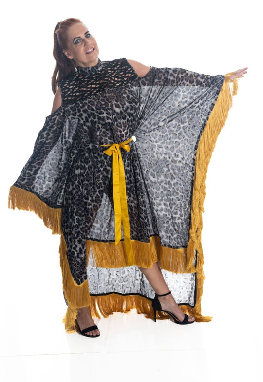 Todi Leopard Fringe Caftan Dress | Sharon Cole Designs