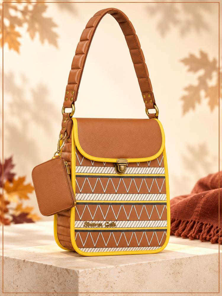 Earthsong Puff Bag shown alone with its puffed leather shoulder strap and change purse on pale stone, with autumn leaf shadows and copper framing.