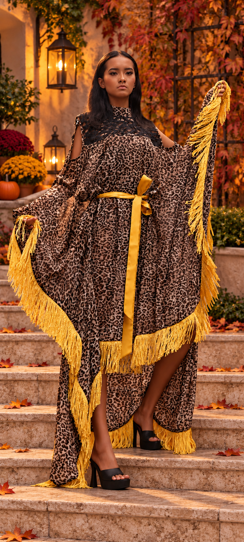 Model in the Todi leopard-print caftan with gold fringe on pale stone steps, in warm early-evening light with lanterns and amber autumn foliage.