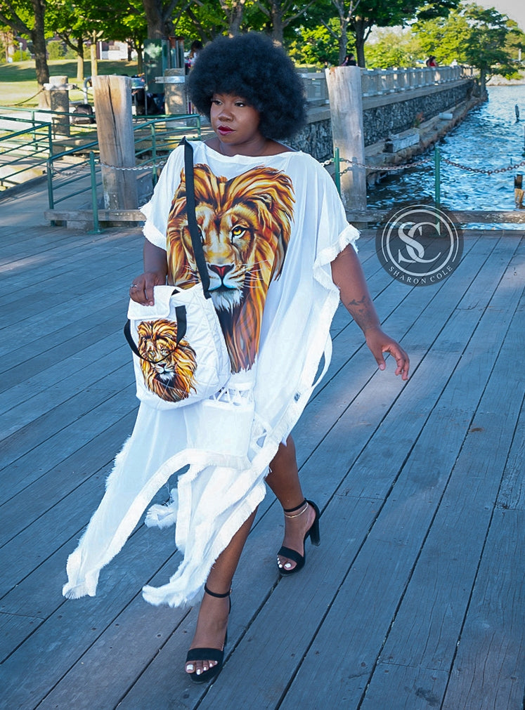 Lion Head Caftan - White & Black image 2
