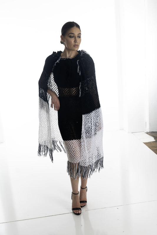 Monochrome Elegance Crochet Dress (2-Piece Set)