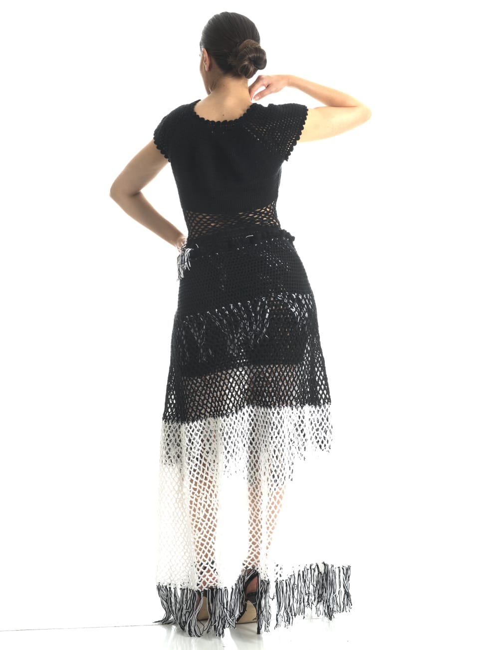 Monochrome Elegance Crochet Dress (2-Piece Set)