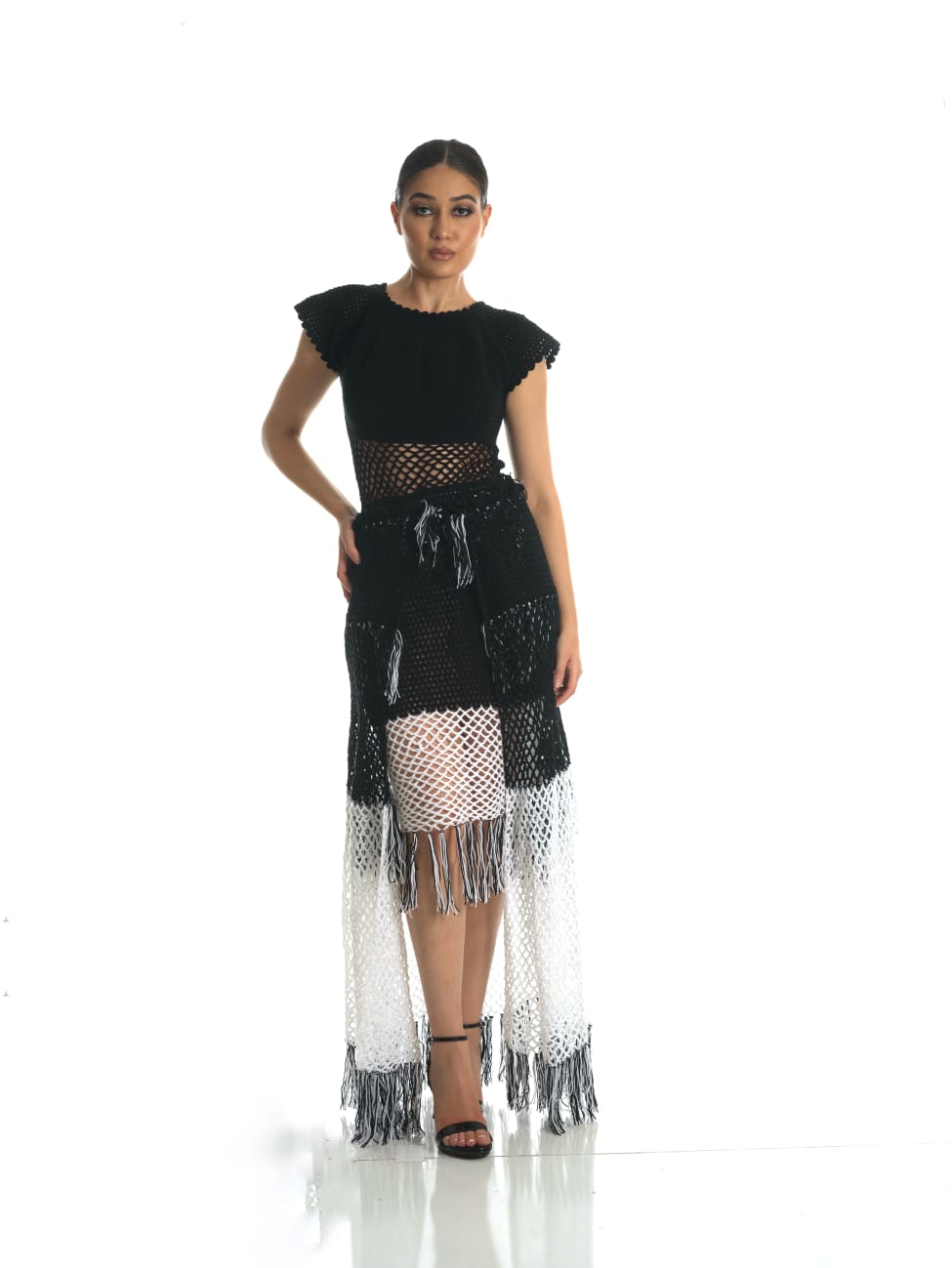 Monochrome Elegance Crochet Dress (2-Piece Set)