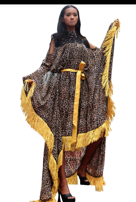 Todi Leopard Fringe Caftan Dress | Sharon Cole Designs