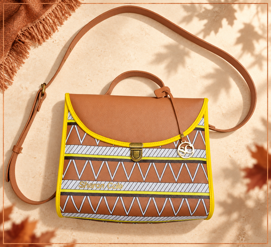 Earthsong style 001 brown shoulder handbag on pale ivory stone with soft autumn leaf shadows, a copper frame and rust linen styling.