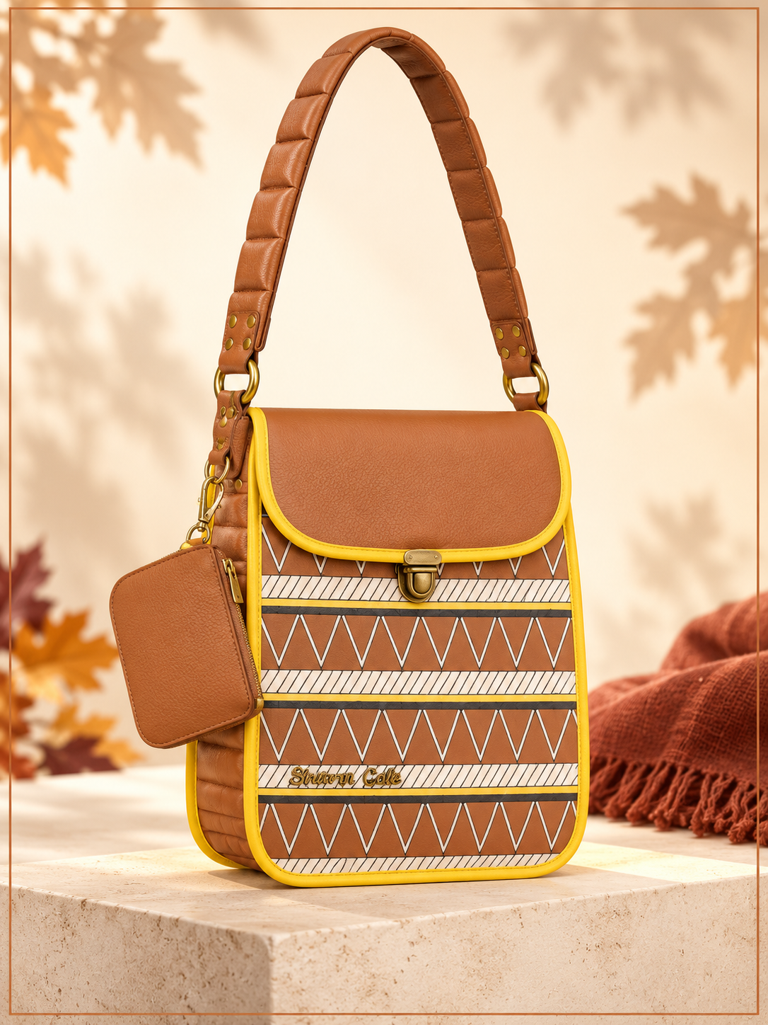 Earthsong Puff Bag shown alone with its puffed leather shoulder strap and change purse on pale stone, with autumn leaf shadows and copper framing.