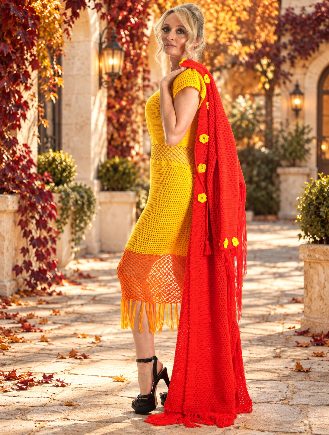 Flame Blossom red crochet jacket over a yellow and orange crochet dress on a pale stone autumn garden path.