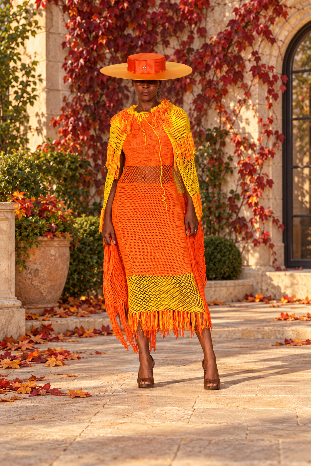 Model wearing the orange and yellow Hand Crochet Fringe Dress and matching Shawl, with a broad-brimmed hat, on a stone terrace with autumn foliage.